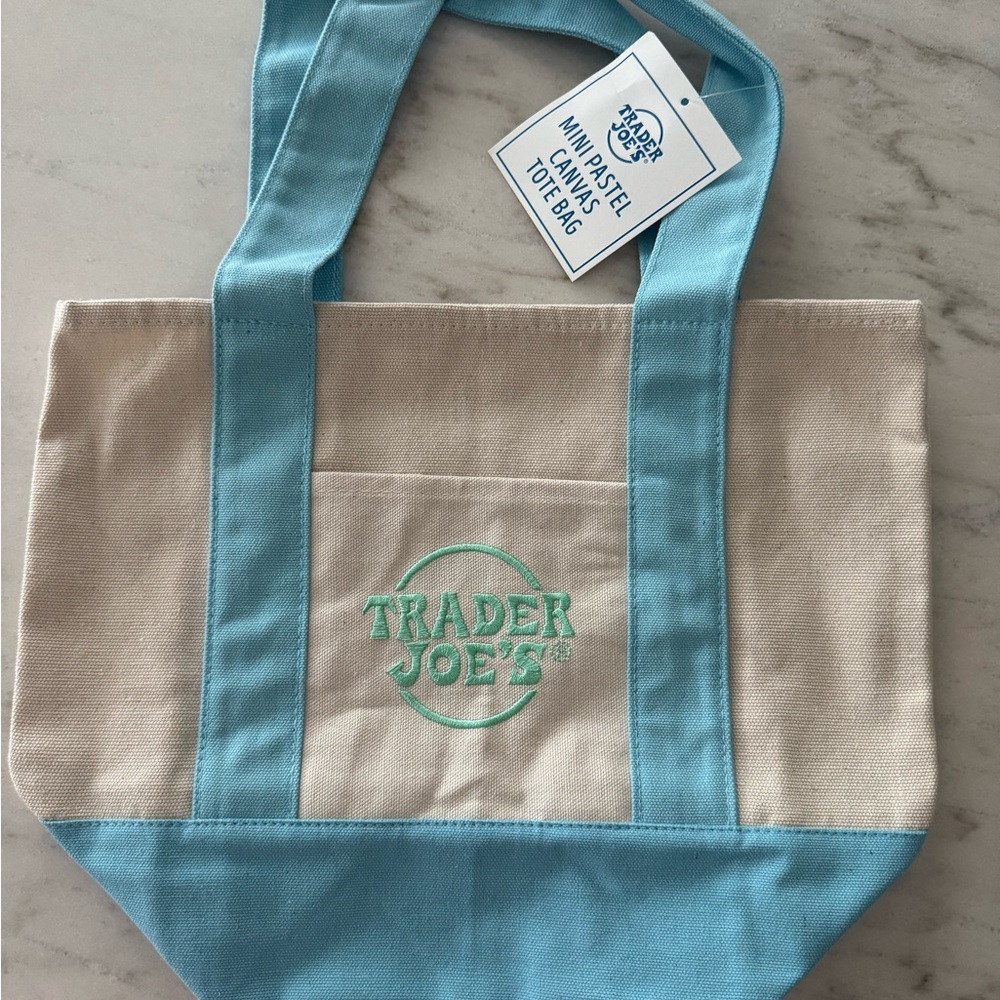 MINI Trader Joe's Cream Canvas Tote with Pastel Blue Trim